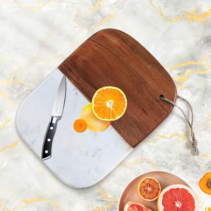 Marble & Acacia Wood Cutting Board – 12.25x9.25" White Charcuterie, Cheese & Serving Tray for Bread, Steak, Fruit – Elegant Solid Chopping Board for Kitchen & Parties