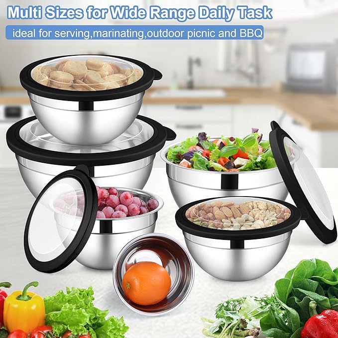 LIANYU Stainless Steel Mixing Bowls Sets of 6, Large 7, 3.5, 2.5, 2, 1.5, 1QT Size with Transparent Airtight Lids, Metal Nesting Serving Bowl Sets for Home Kitchen, Dishwasher & Freezer Safe, Black