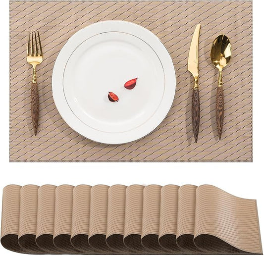 BACKTOEDEN Placemats Set of 12 Heat Resistant Washable Wipeable Placemat Woven Non-Slip Foldable Vinyl/Plastic Place Mats Indoor/Outdoor Mat Kitchen Dining Table Pad, Khaki Twill