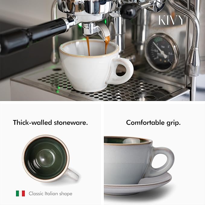 KIVY Cappuccino cups [4x 8oz] - Thick-walled stoneware cappuccino cup set for latte art - Latte mugs - Latte cup set - Small coffee cups - Latte art cup - Ceramic latte cup and saucer set of 4