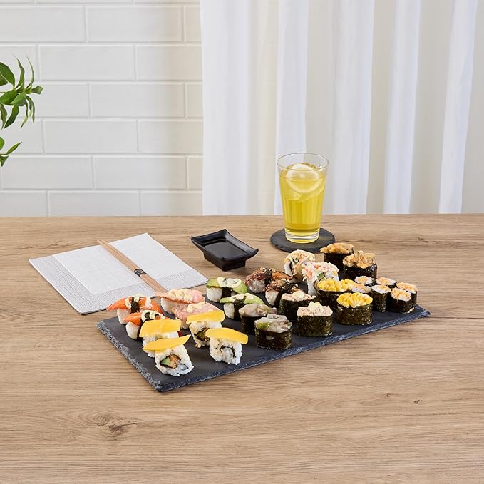 Restaurantware Slate Serving Trays 4 Pack of 15.7" x 7.8" Foam Feet Charcuterie Stone Plates Rustic Edges Freezable Black Serving Display Cheese Boards for Kitchen, Gourmet, Dining, Parties