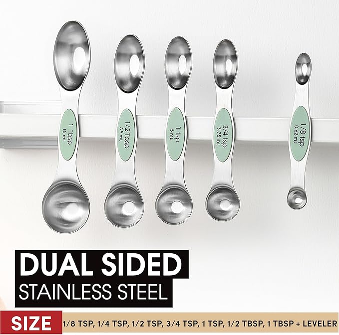 Spring Chef Stainless Steel Magnetic Measuring Spoons Set of 8 with Leveler, Dual Sided Teaspoon & Tablespoon Set, Nesting Metal Kitchen Gadgets for Baking & Cooking, Fits in Spice Jars - Pistachio