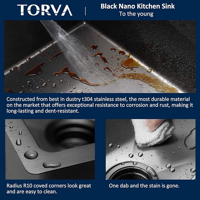 TORVA 18 x 18 Inch Gloss Black Drop-in Topmount Kitchen Sink - 16 Gauge Stainless Steel, PVD Coated Gunmetal Finish, NanoTek Single Bowl 9-Inch Deep Bar/Prep Basin, Dark Gray
