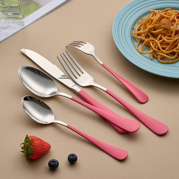 20-Piece Pink Silverware Set for 4, 18/0 Stainless Steel Flatware Cutlery Utensils Set, Include Dinner Knives,Dinner Forks,Dinner Spoons,Salad Forks,Teaspoons,Dishwasher Safe