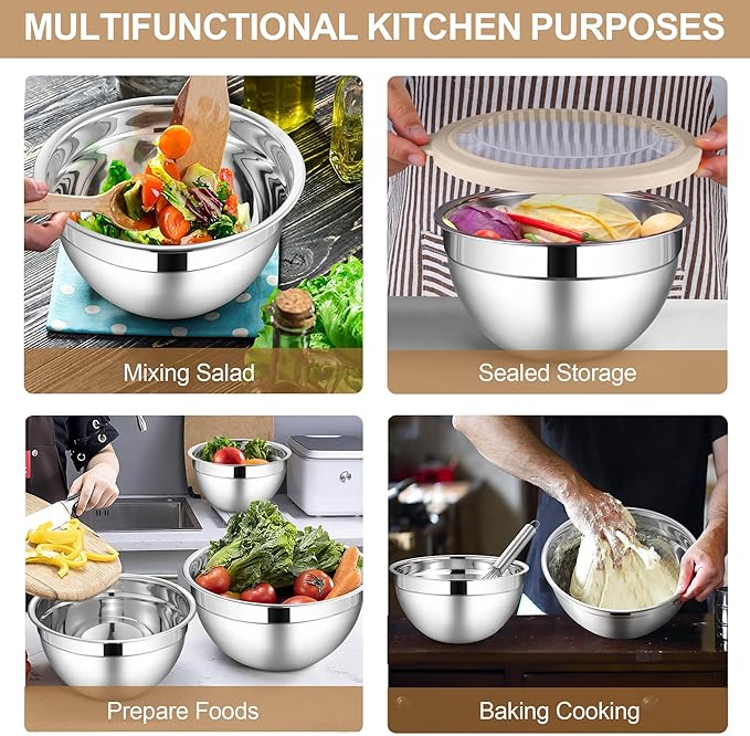 LIANYU 6 PCS Large Mixing Bowls with Visible Lids Set, Size 7, 3.5, 2.5, 2, 1.5, 1QT, Stainless Steel Kitchen Metal Nesting Bowls for Cooking, Baking, Serving, Freezer & Dishwasher Safe, Khaki