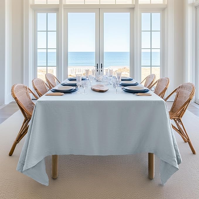 Linen World Blue Linen Tablecloth - 100% French Linen Table Cloth 132" x 90" Inch,Washable Rectangular Tablecloth for Dining,Outdoor,Weddings and Restaurants,Decorative Valentine Easter - Mist Blue