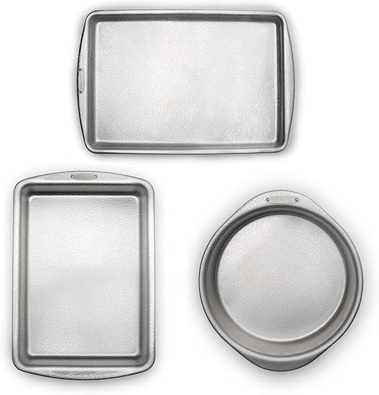 Doughmakers 40056 Premium Quality Commercial Grade Bakeware, Set of 3 Baking Pans, 10 x 15 sheet, 9 x 13 pan, 9-inch round, Silver, Large