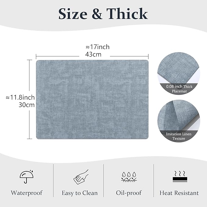 FROMHEART Faux Leather Placemats Set of 8–Waterproof,Heat/Oil Stain-Resistant PU Table Mat–Reversible,Non-Slip,Easy to Clean Place Mats for Kitchen,Dining,Indoor/Outdoor,(Light Blue,11.8" x 17")