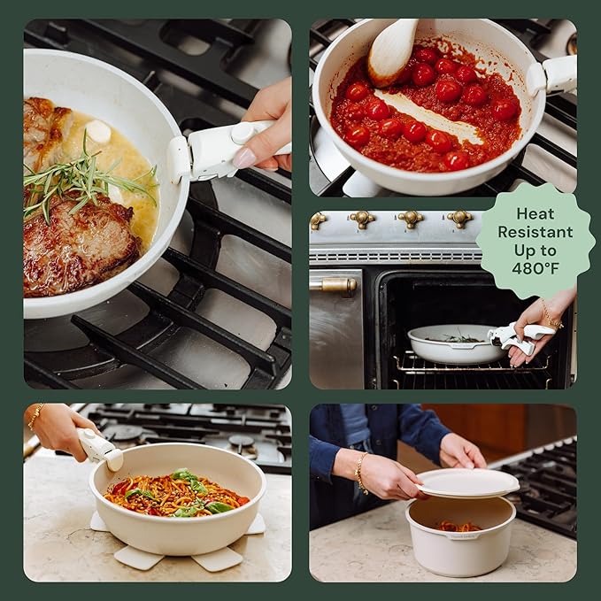 15-Piece White Granite Nonstick Cookware Set – Detachable Handles & Tempered Glass Lids – Stackable & Cool-Touch - Induction & Oven Safe to 480°F - Scratch-Resistant, PFOA & PFOS-Free