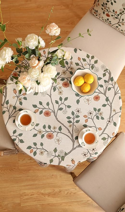 French Tablecloth for Round Tables,Linen Table Cloth with Colorful Flowers and Leaves Pattern,Heavy Durable Table Cover for Dining Thanksgiving Kitchen Decor Party Christmas,Diameter 55"