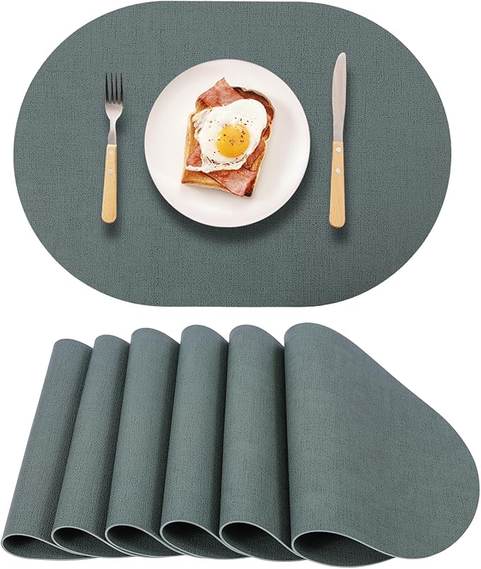 Leather Placemats Set of 6 Oval,Green Faux Leather Placemat Waterproof Reversible Non Slip,Heat Resistant Wipeable Table Placemats for Dining Table,Modern Table Protectors