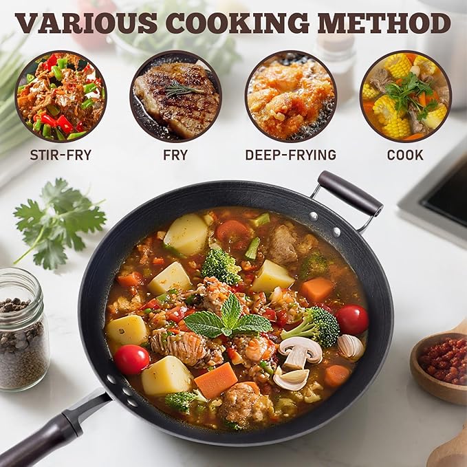 HONGJIANG Cast Iron Wok Pan, 14.2" Pre-Seasoned Flat Bottom Wok,Coating-Free Wok Stir Fry Pan With Glass Lid,Compatible Traditional Chinese Wok For Induction, Electric, Gas,Open Fire