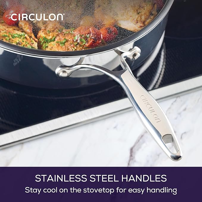Circulon C1 Series Clad Stainless Steel with ScratchDefense Technology Cookware Nonstick Induction Saute Pan with Lid and Helper Handle, Metal Utensil Safe, 5 Quart - Polished Stainless Steel