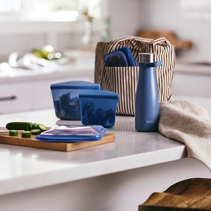 Stasher On-The-Go Boxed Starter Kit 5-Pack, Premium Silicone Reuseable Food Storage Bags, Deep Ocean, Water Bottle, Multi-Use Travel Containers, BPA Free, Leak-free, Dishwasher Safe, Eco-Friendly