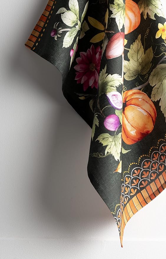 Maison d' Hermine Kitchen Towels Set of 3 100% Cotton 20" x 27.5" Reusable Cloth Tea Dish Towels Absorbent with Hanging Loop for Dining Thanksgiving Christmas Decorations (Pumpkin Garden - Dark Green)