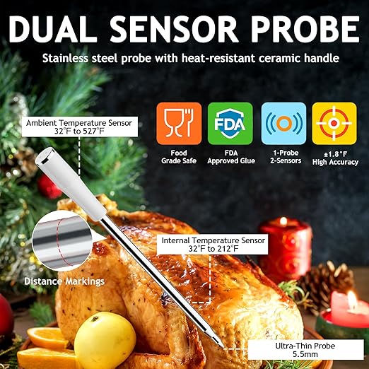 Meat Thermometer Digital Wireless with 800ft Range, Bluetooth 5.3 Food Thermometer with Dual-Temperature Probe, LCD Display and App&Case Setting for Grilling Smoking Cooking