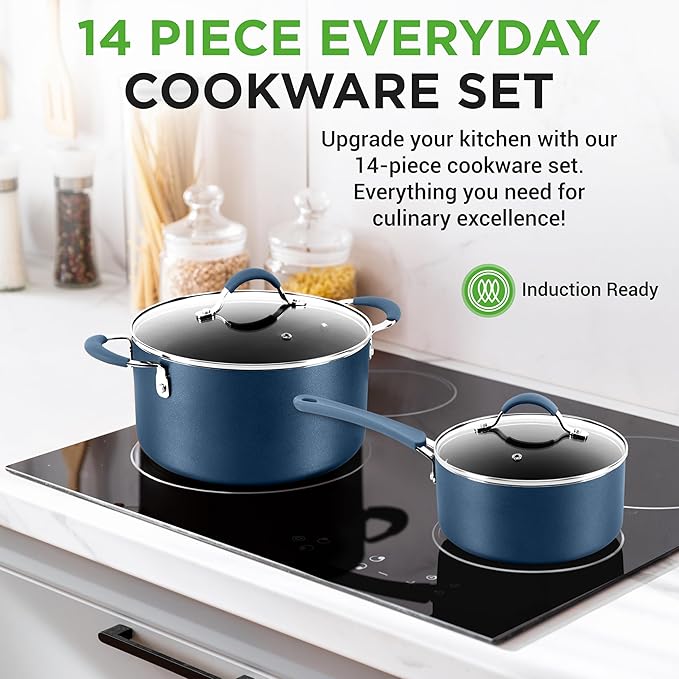 NutriChef 14-Piece Navy Blue Cookware Set - Durable Non-Stick Pots and Pans Set with Lids & Utensils, Compatible with All Cooktops