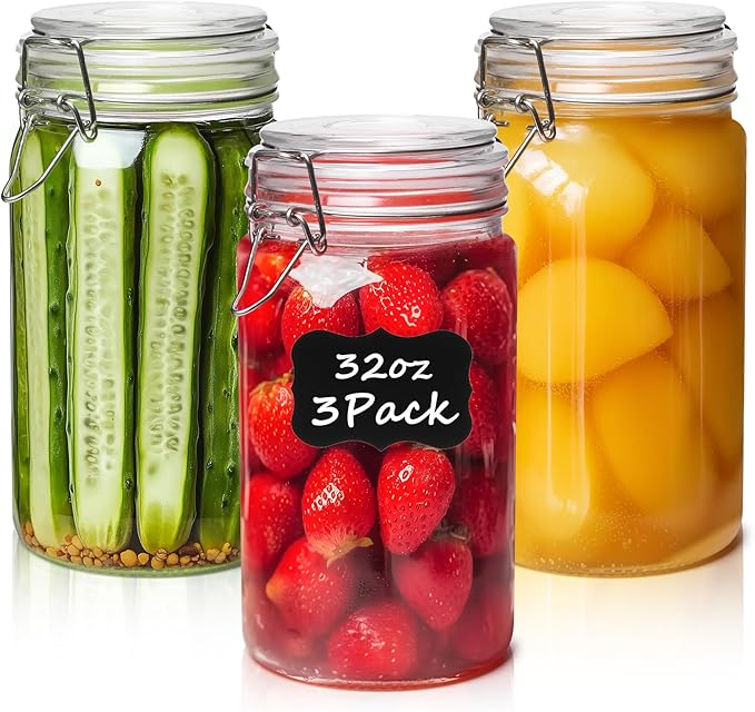 ComSaf Glass Jars with Airtight Lid Set of 3, Mason Jars 32 oz, Pickling Jar, Canning Jar 32oz, 32 oz Glass Containers with Lids for Kitchen, Pickle, Flour, Cereal, Pasta, Sugar, Herb