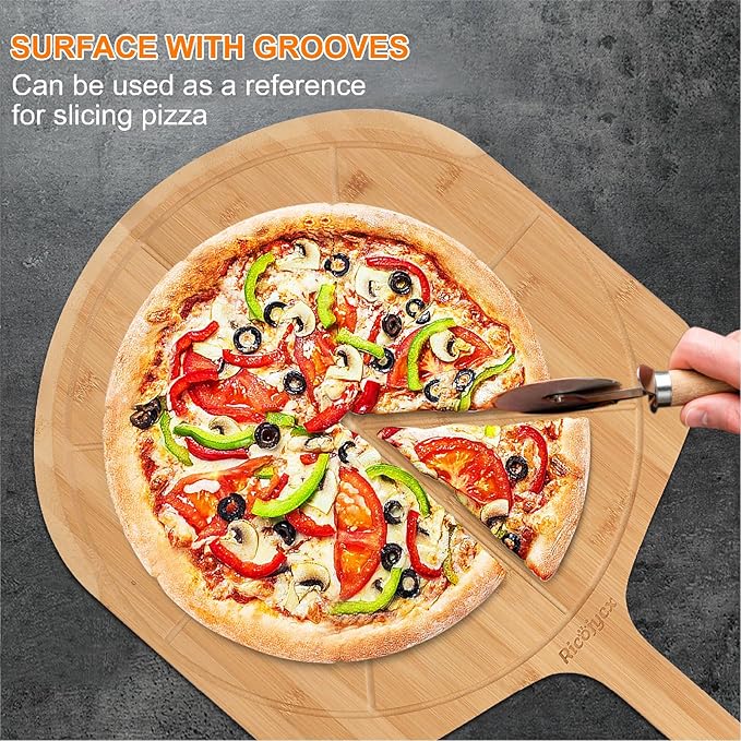 16 inch Natural Bamboo Pizza Peel Set of 2, Double-Sided Use Pizza Cutting Board with 8 Slice Grooves for Pizza, Bread, Cheese, Vegetable, Fruits