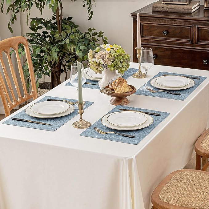 Romanstile Vinyl Placemats Set of 8-12 X 18 Inch - Heat Resistant Non-Slip Embossed Floral Place Mats 100% Waterproof Oilproof Wipeable Faux Leather Table Mats for Kitchen/Dining/Party, SkyBlue