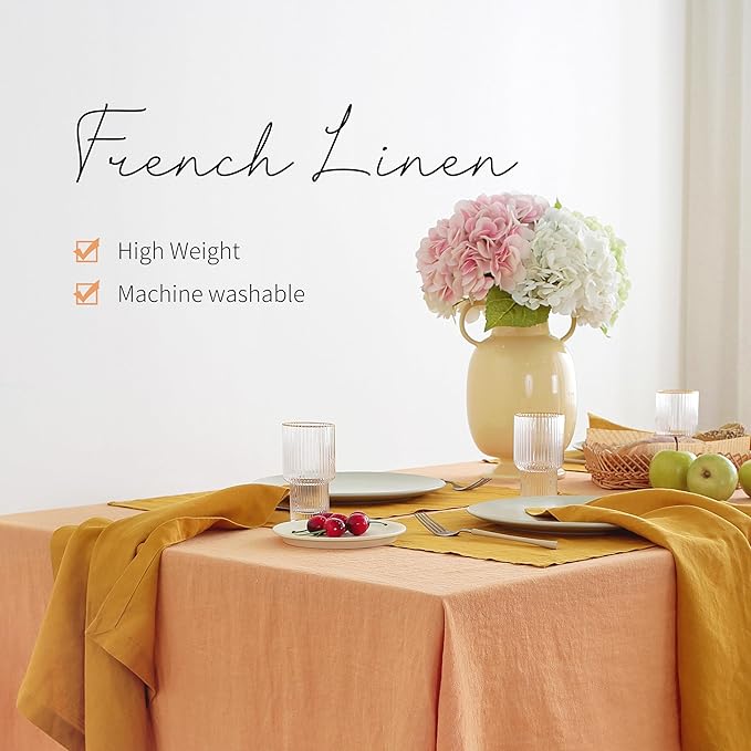 Linen World Vintage Tablecloths 60x90 Inch,100% French Linen Tablecloth,Classic Vintage Washed Table Cloths for Kitchen,Outdoor,Weddings,Decorative Valentine Easter,Pale Peach