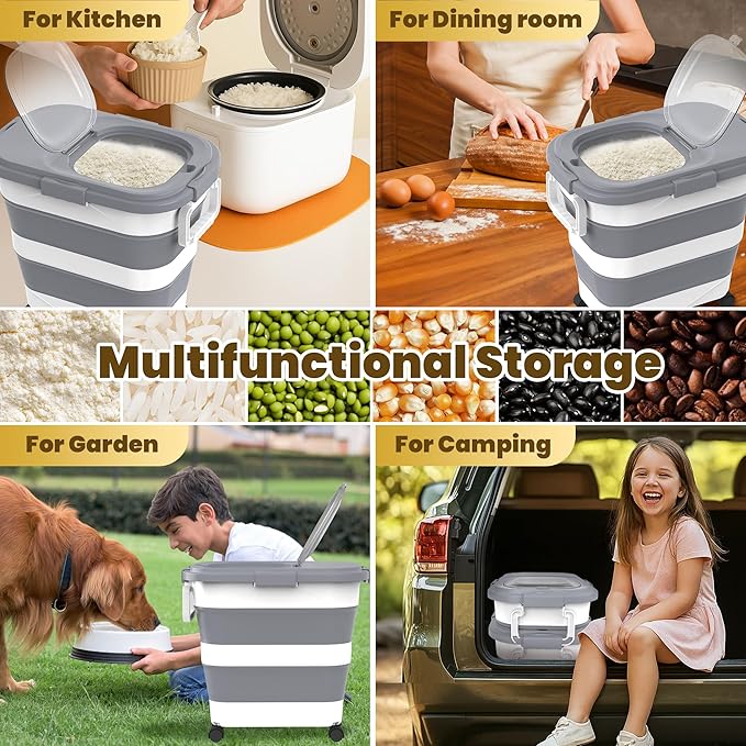 HOYTAMDA 25-35Lbs Rice Container,Collapsible Airtight Food Storage Containers with Wheels,Handle,Rice Storage Container with Small Bin and Scoop,Rice Dispenser for Flour Sugar Cereal Grain Dog Cat