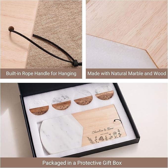 Custom Engraved Wood Marble Cutting Board Set, Personalized Cheese Board & Charcuterie Tray with Coasters, Ideal Housewarming or Wedding Gift