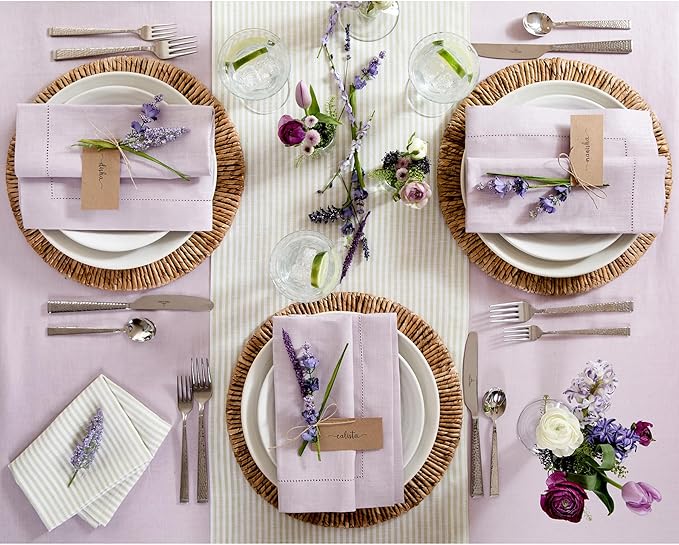 Solino Home Linen Napkins Set of 4 - Classic Hemstitch 100% Pure Linen Lilac Dinner Napkins Cloth 20 x 20 Inch - Handcrafted and Machine Washable