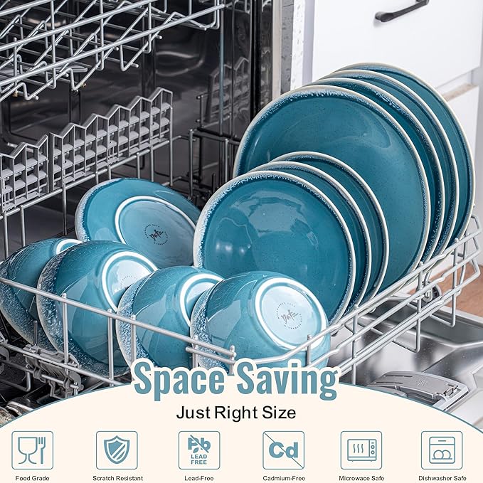 Plates and Bowls Sets, 12 Pieces Blue Dinnerware Sets for Kitchen, Reactive Glaze Dishes Set for 4, Dishwasher and Microwave Safe, Series Starflecked Shore (Blue)