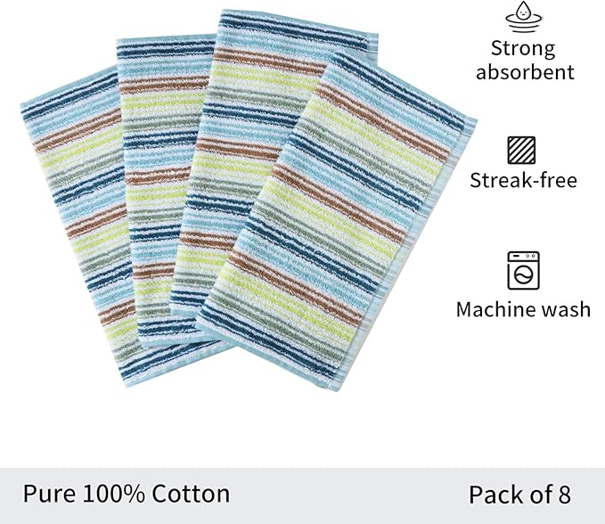 Oeleky Kitchen Dishcloths for Washing Dishes, Ultra Absorbent Dish Rags, Cotton Cleaning Cloths Pack of 8, 12x12 Inches (mix-1, 12x12 inch)