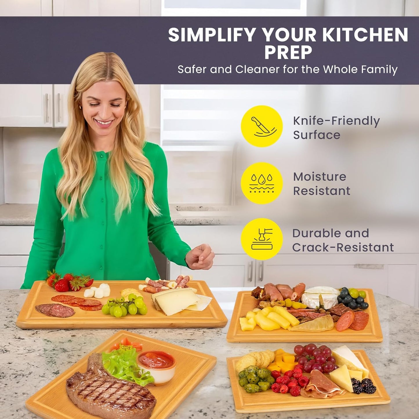 Extra Large Bamboo Cutting Board Set of 4 – Wood Cutting Boards for Kitchen with Glue-Free Surface™ & Juice Groove – Non-Toxic Wooden Chopping Boards, FSC-Certified, Durable Carving Boards - Rectangle