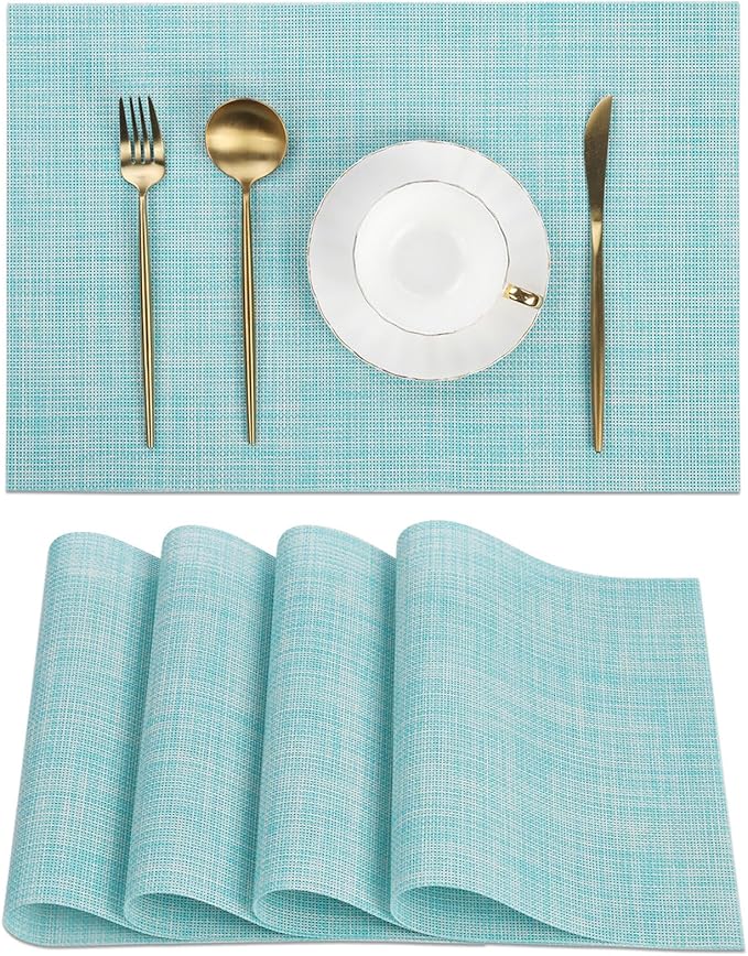 SHACOS Placemats Set of 4 Woven Vinyl Place Mats Wipeable Heat Resistant Washable Plastic Table Mats Indoor Outdoor, Blue