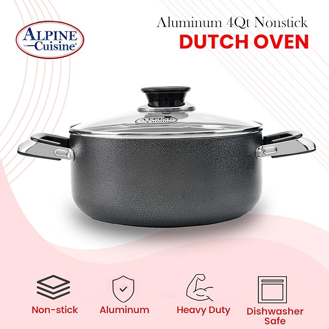 Alpine Cuisine 4 Quart Non-stick Stock Pot with Tempered Glass Lid and Carrying Handles, Multi-Purpose Cookware Aluminum Dutch Oven for Braising, Boiling, Stewing
