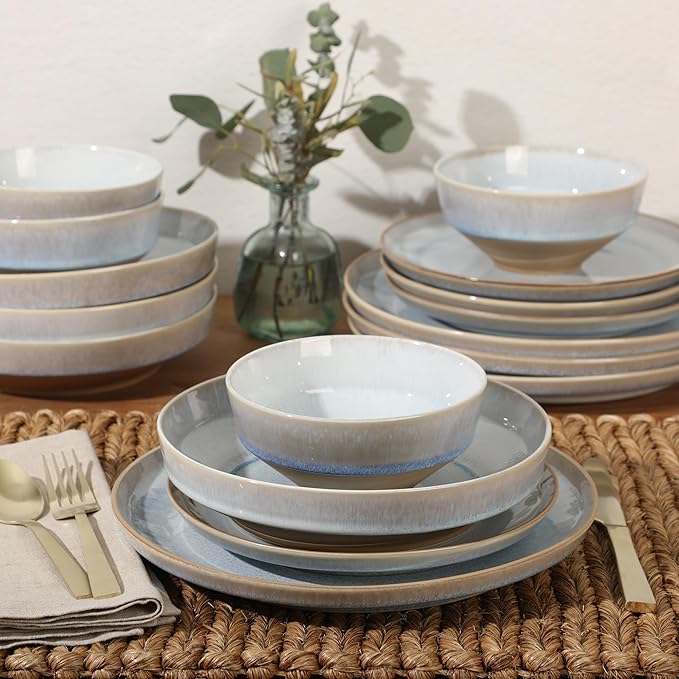 Gibson Elite Hailstone 16 Piece Stoneware Reactive Glaze (Service for 4) Ceramic Plates and Bowls Dinnerware Set - Moon Blue