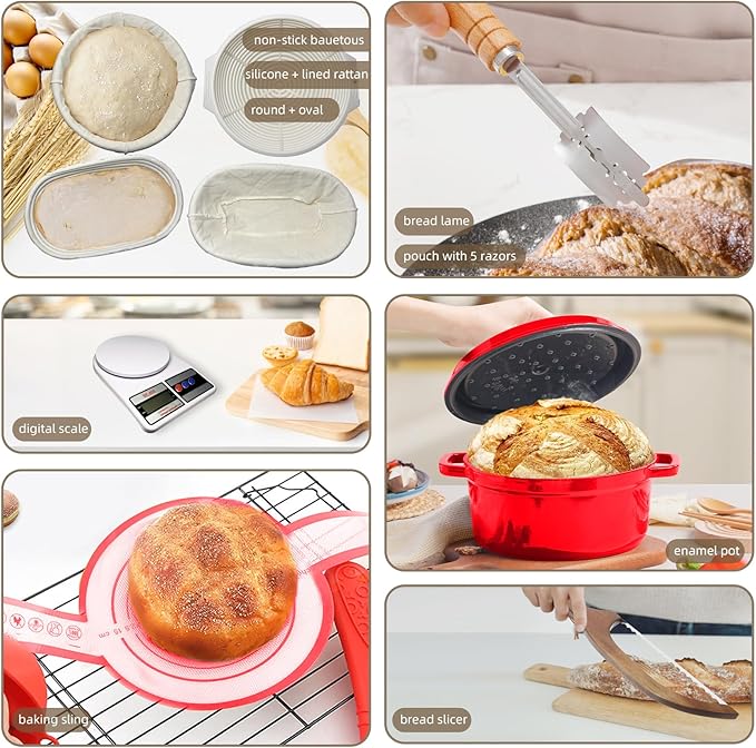 4 Color Complete sourdough bread makin Starter Kit,Sourdough Bread Baking Supplies for Beginner with Pot, Banneton Bread Proofing Baskets, Starter Jar, Scraper, Bread Making Tools & More (Red)