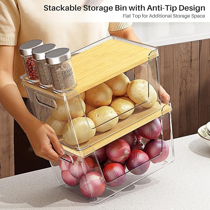 Potato Storage & Onion Storage Bins with Bamboo Lids, Stackable Clear Front-Open Pantry Organizers with Handles for Garlic and Produce, Kitchen Counter or Cabinet (4-Pack)