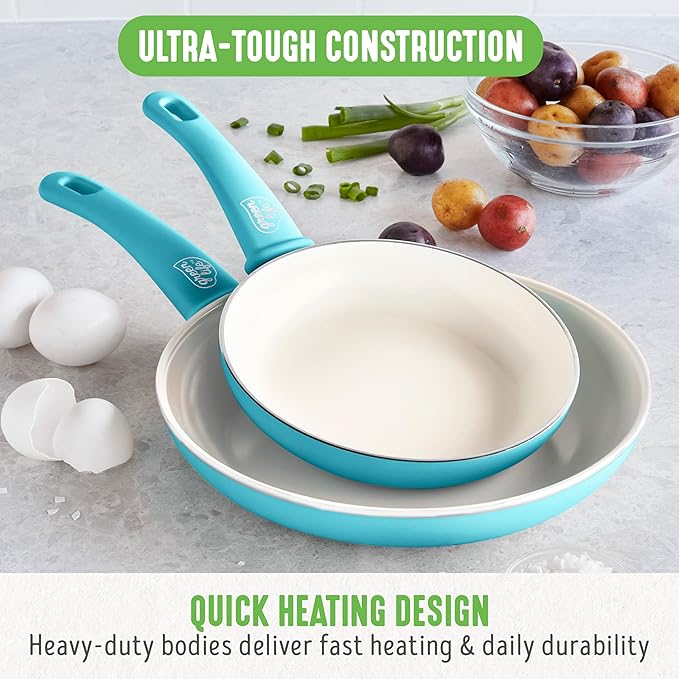 GreenLife Non Stick Fry Pan Set (7" & 10"), Non-Toxic PFAS-Free Ceramic Skillets, Dishwasher & Oven Safe, Egg Omelet Frying Pans, Stay- Cool Handles, Kitchen Home Cooking Essentials, Caribbean Blue