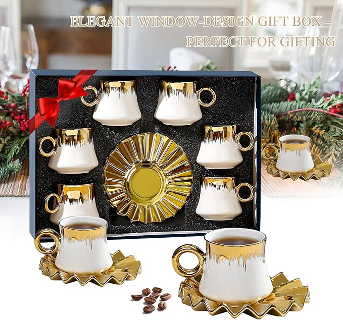 Turkish Coffee Cup - Tea Cups and Saucers Set of 6 with Gold Trim and Gift Box, 3.5oz Ceramic Cups for Turkish&Arabic Coffee, Cappuccino, Latte, Mocha, Au Lait, Double Espresso, Dishwasher Safe