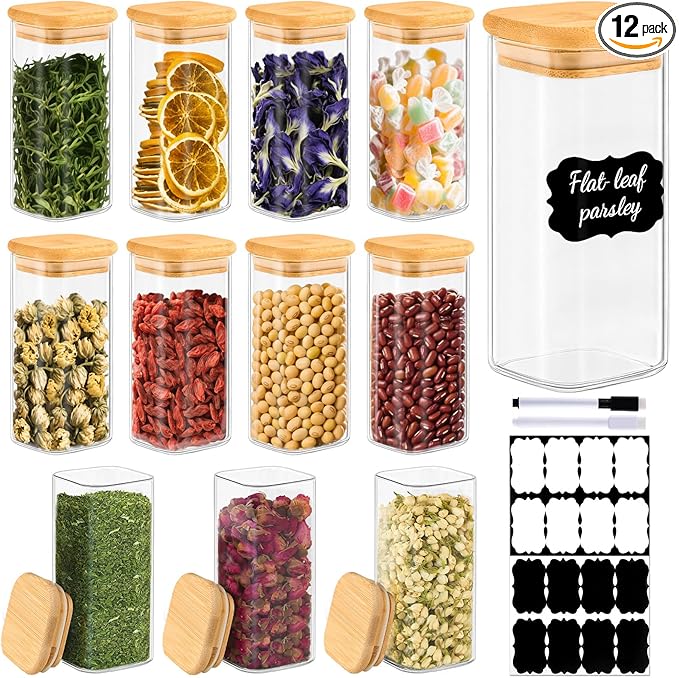 12 Pack 10 oz Square Glass Spice Jars with Lids and Labels – Airtight Small Spice Containers Set, Clear Glass Storage Jars for Seasoning, Spices, Kitchen Pantry Organization