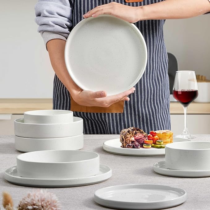 Herogo Dinnerware Sets with Pasta Bowls, 16 Piece Plates and Bowls Set for 4, Stoneware Dinner Dishes for Kitchen Dining, Dishwasher & Microwave Safe, Speckled White