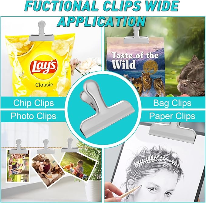 24 Pack 3 Inch Stainless Steel Silver Chip Clips Bag Clips for Food Packages,Large Food Kitchen Clip for Snack,Strong Metal Home&Office Clip for Paper Heavy Duty