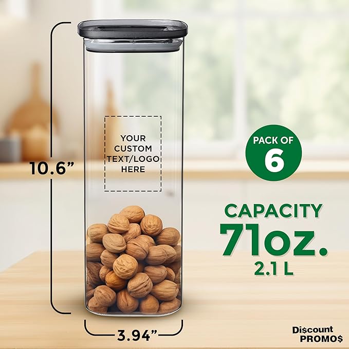 DISCOUNT PROMOS Custom Meridian 71 oz. Glass Storage Jars Set of 6, Personalized Bulk Pack - Durable Kitchen Organization, Home Decor Essentials, Food Storage Solutions - Clear