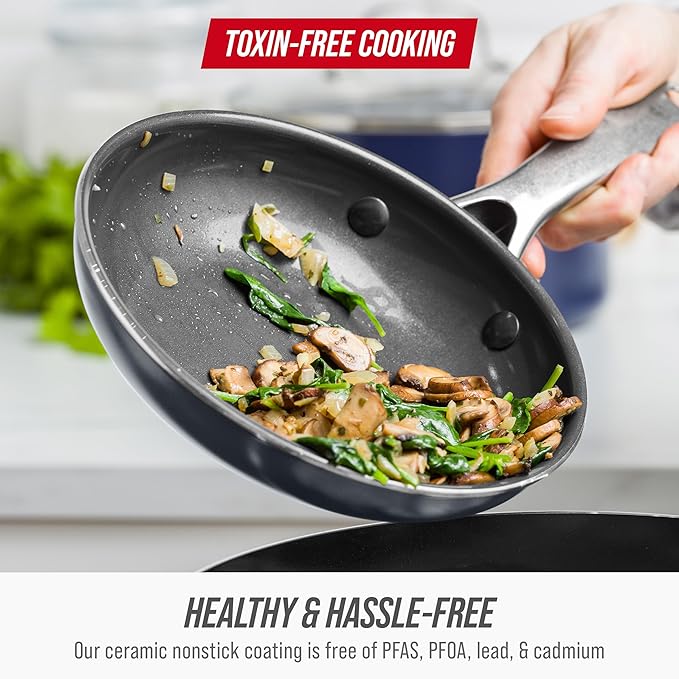 Blue Diamond Frying Pan 8” Skillet, Diamond Infused Healthy Ceramic Nonstick, PFAS and PFOA-Free, Dishwasher and Oven Safe, Even Heating, Metal Utensil Safe, Warp Control Base, Grey