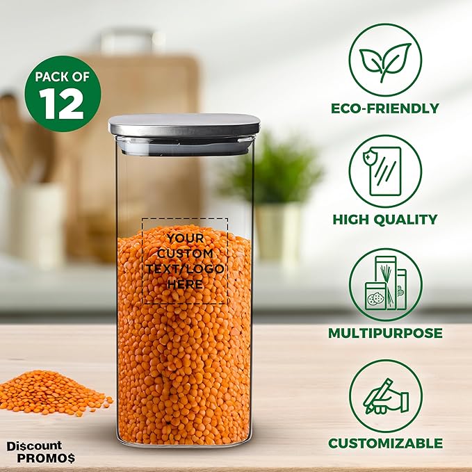 DISCOUNT PROMOS Custom Branson 53 oz. Square Storage Jars Set of 12, Personalized Bulk Pack - Durable Kitchen Organization, Home Decor Essentials, Food Storage Solutions - Clear