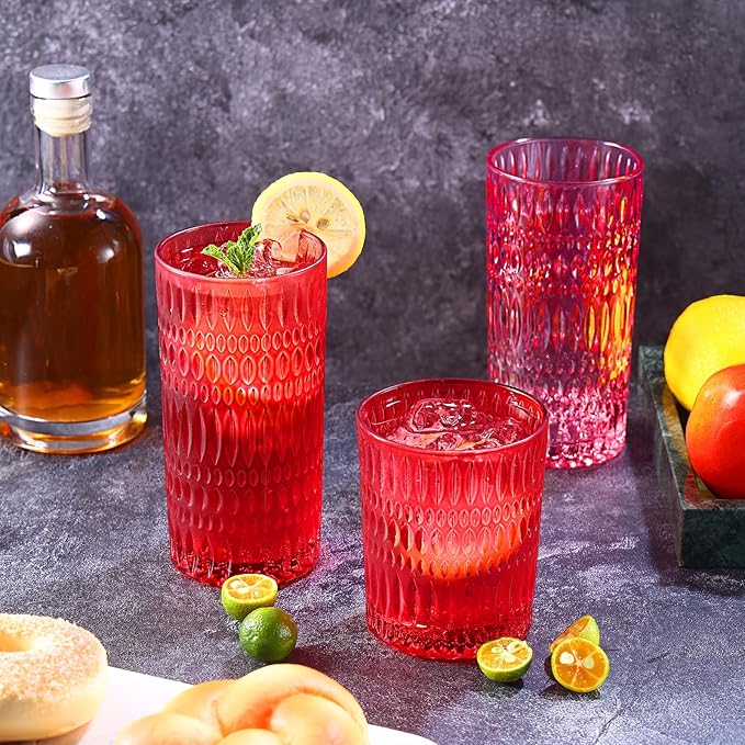 Glassware Drinking Glasses Set of 8, 14 oz Highball Glasses & 10 oz Ribbed Glass Cups, Vintage Glassware for Water, Juice, Cocktail (Christmas Red)