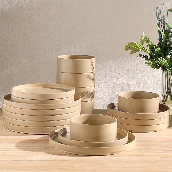 TheTerra Ceramic Dinnerware Sets for 6, 18 Pieces Handmade Reactive Glaze Plates and Bowls Set, Scratch Resistant Dish Set, Oven & Microwave & Dishwasher Safe, Ivory Cream