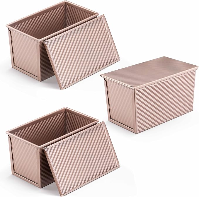 LIANYU 3 Pack Pullman Loaf Pan with Lid, 1 LB Nonstick Carbon Steel Loaf Pans Set, Heavy Duty Rectangle Bakeware with Cover for Homemade Sourdough Bread Sandwich, Rose Gold