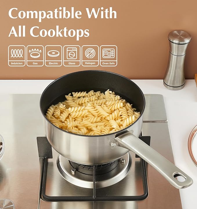 KOCH SYSTEME CS Stainless Steel Saucepan, 3 Quart Sauce Pan with Ultra Nonstick Coating, 3 Quart Saucepan with Lid, Stainless Steel Pot, 3QT Sauce Pot, Induction Compatible