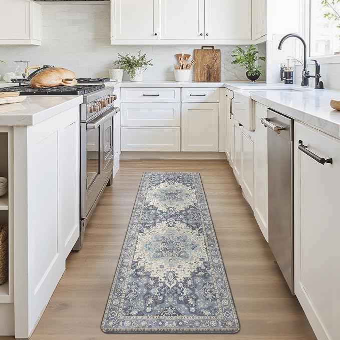 GENIMO Kitchen Mats for Floor, Washable Anti Fatigue Mat for Cushioned, 23.6"x71", Waterproof Kitchen Rugs, Non Slip Comfort Standing Mat Rug for Home, Sink, Laundry, Center Blue