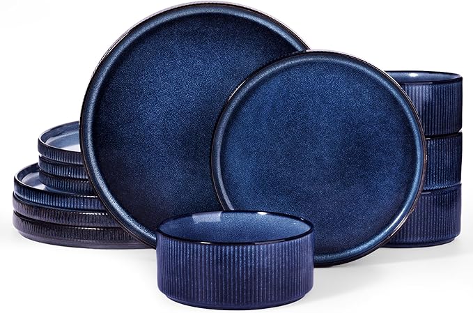 famiware Star Dinnerware Sets, Plates and Bowls Set for 4, 12 Pieces Ribbed Dishes - Chip and Scratch Resistant, Microwave and Dishwasher Safe Tableware, Nebulas Blue